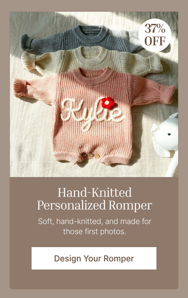 Collection of personalized knit baby jumpers in different colors with discount badge, product details, and design button.