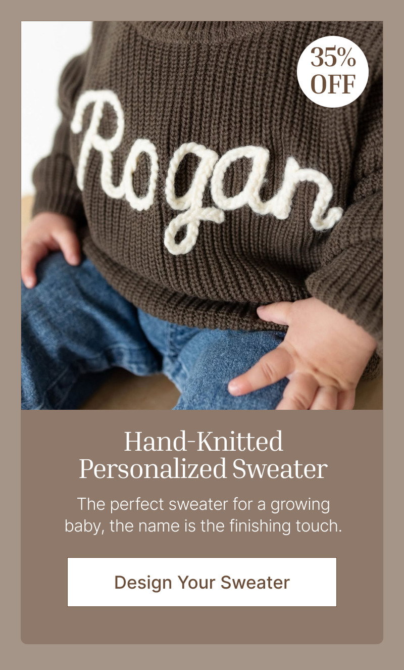 Close-up of a personalized brown knit sweater with embroidered name, discount badge, product details, and a design button.