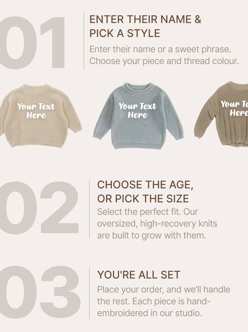 Three-step customization section showing name entry, age selection, and final review options for creating a personalized baby keepsake.