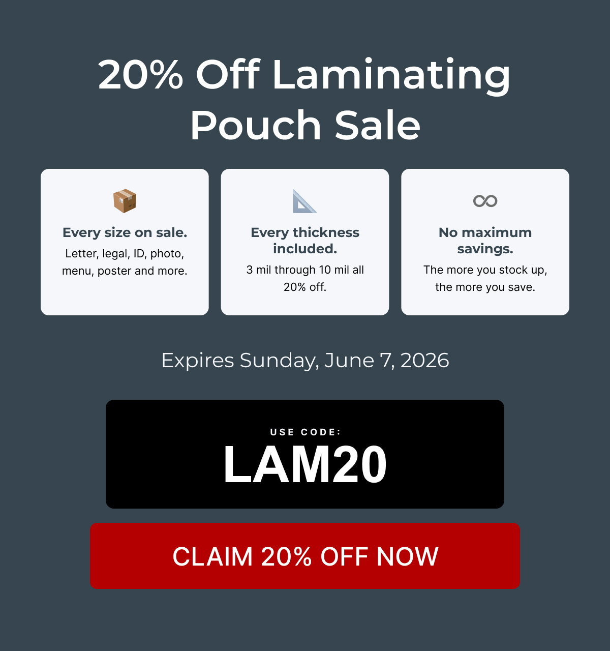 20% Off Laminating Pouch Sale