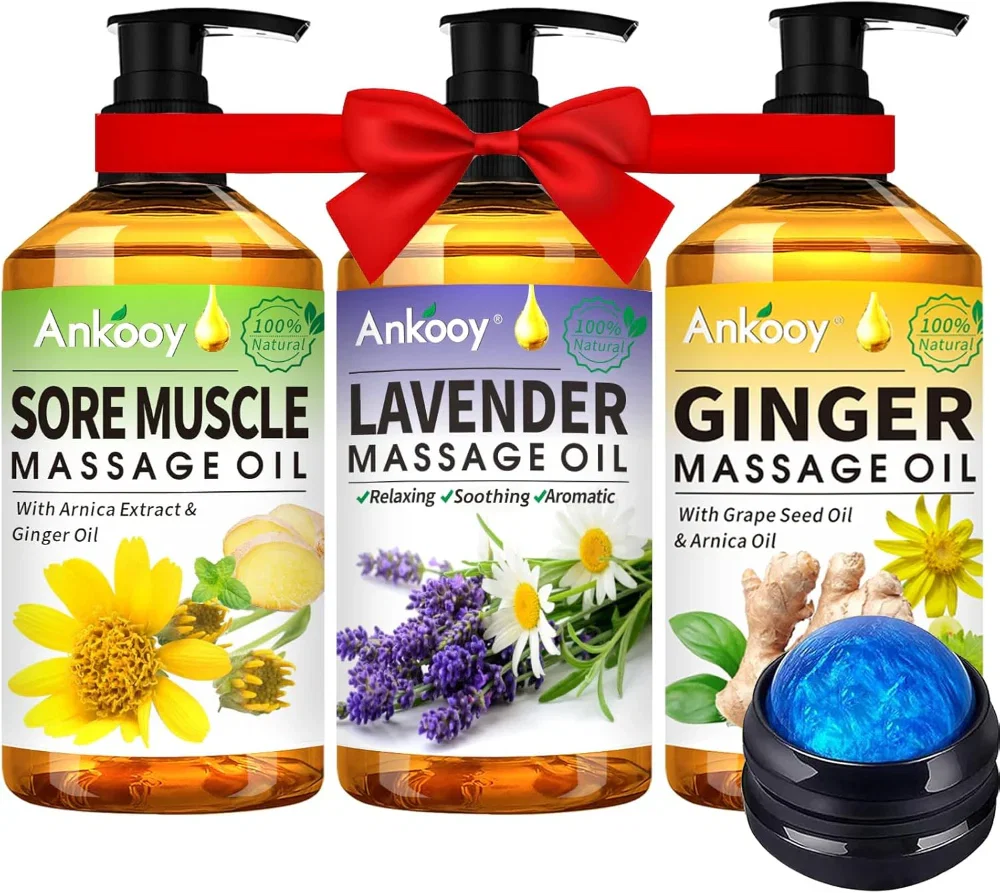 3-Pack Massage Oils with Massage Ball – Sore Muscle Relief Use – Includes Arnica, Lavender & Ginger Oils – Lymphatic Drainage & Relaxation Massage Kit