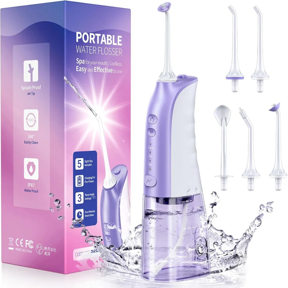 Cordless Water Flosser – 300ml Oral Irrigator – 3 Cleaning Modes with 5 Jet Tips – IPX7 Waterproof Design – Portable Teeth Cleaning for Gums & Braces – Purple