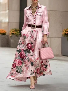 Image of Elegant 3D Printing Shirt Collar Maxi Dress No Belt