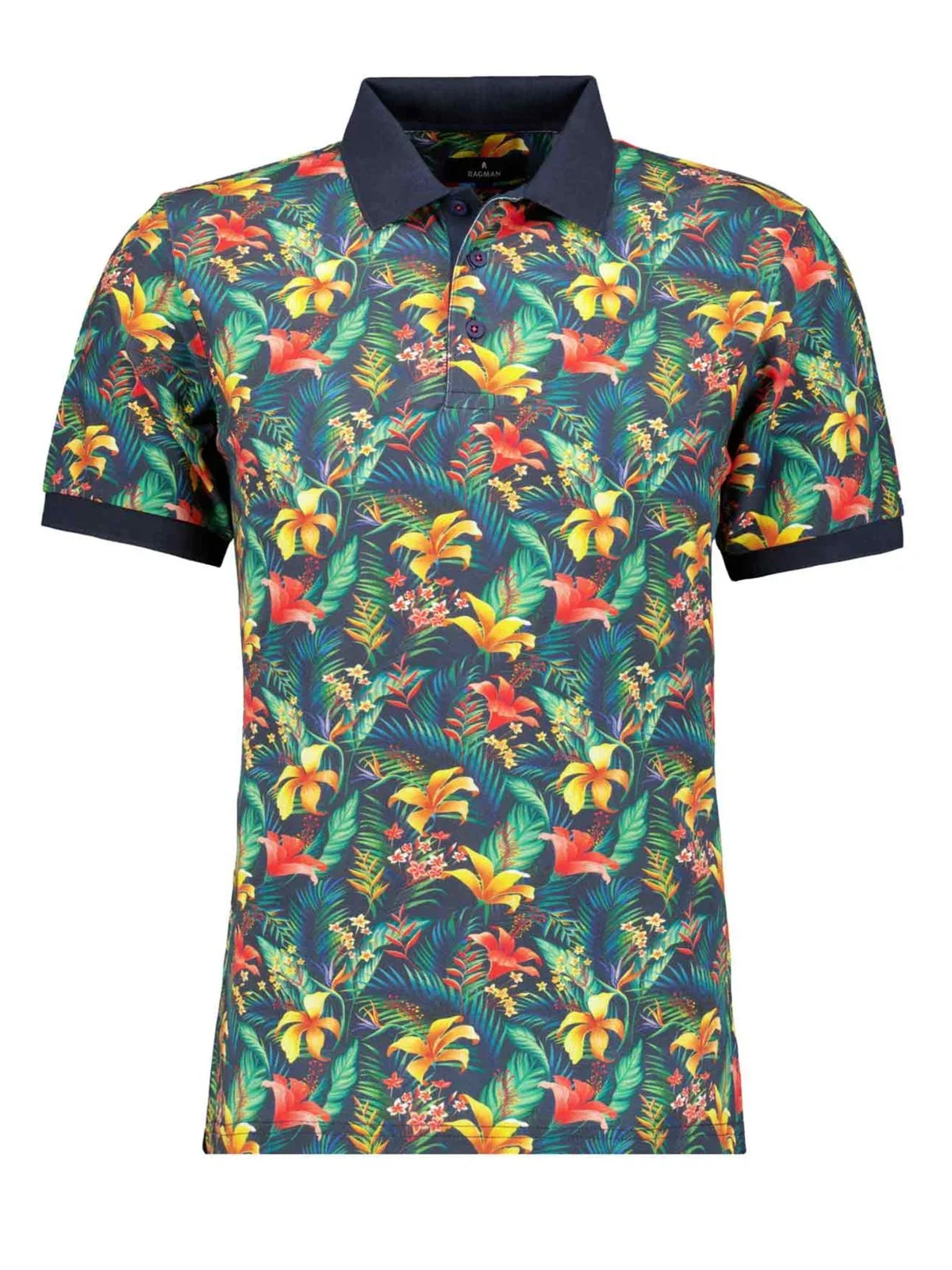 Piqué polo shirt with stretch and colorful floral print