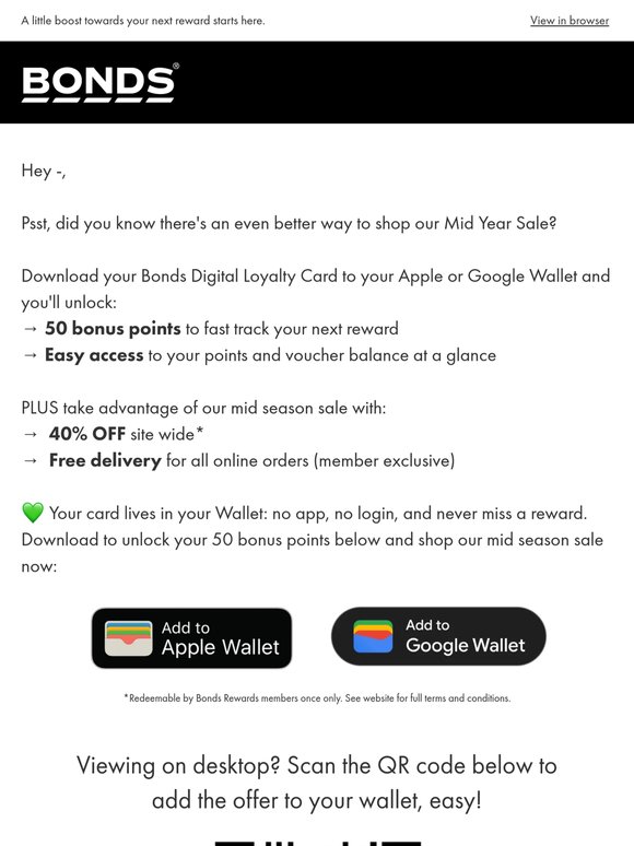 Hey —, grab 50 bonus points! + 40% OFF 🎉