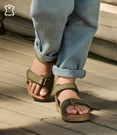 Leather Hook-&-Loop Sandals for Children, Designed for Autonomy - khaki