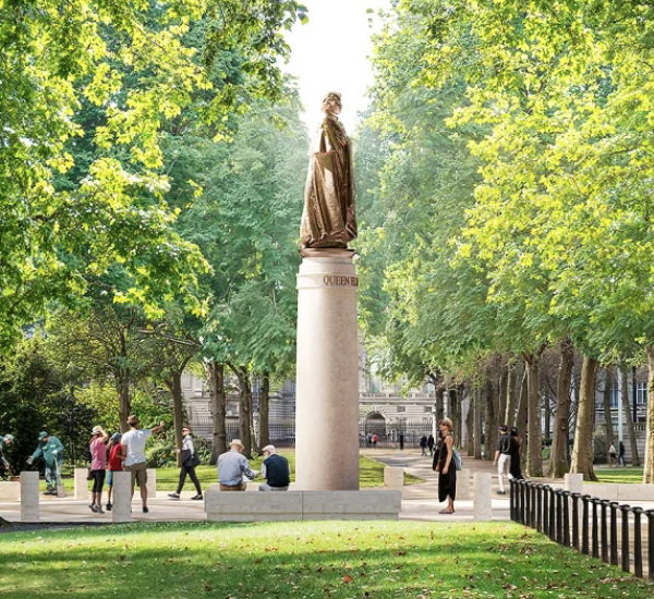 Design concept for a memorial to Queen Elizabeth II showing a 10ft bronze statue of the late monarch in a park surrounded by trees.
