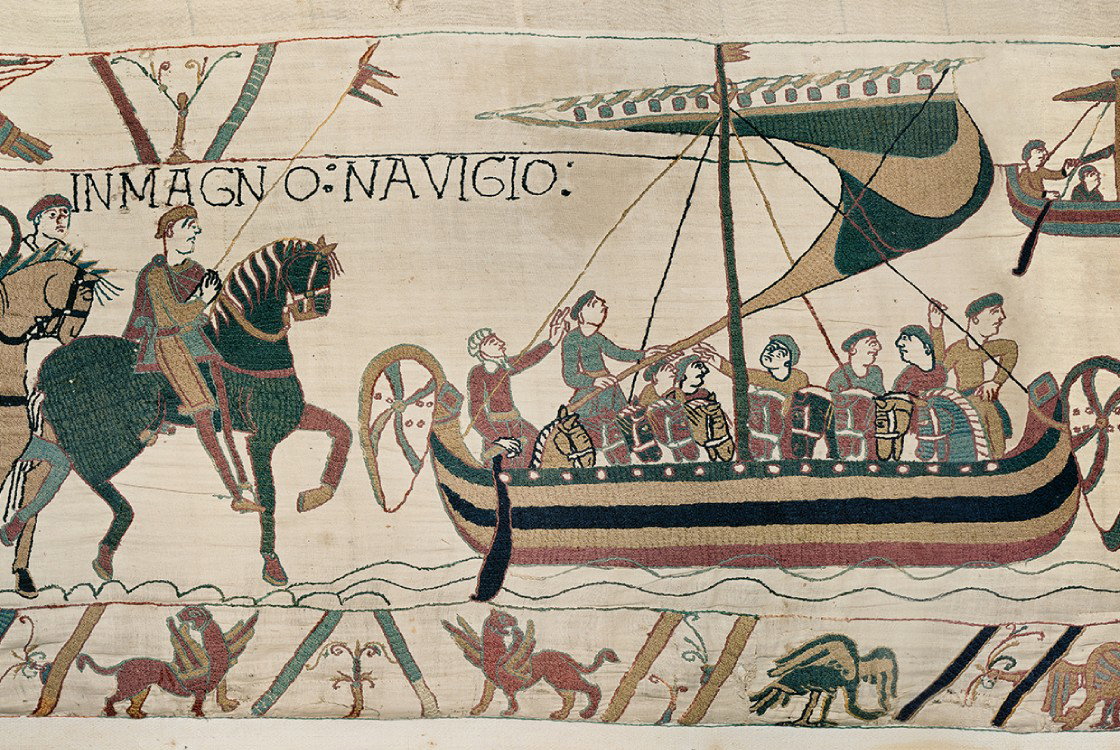 Scene from the Bayeux Tapestry showing a boat packed with soldiers and horses sailing over a wavy sea.