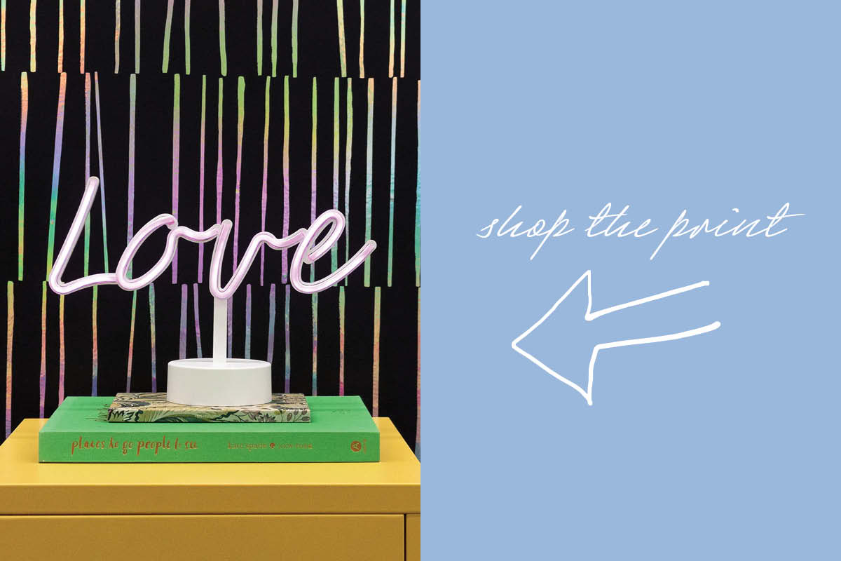 Image of Tempaper's Shift Holographic wallpaper with text "shop the print" 