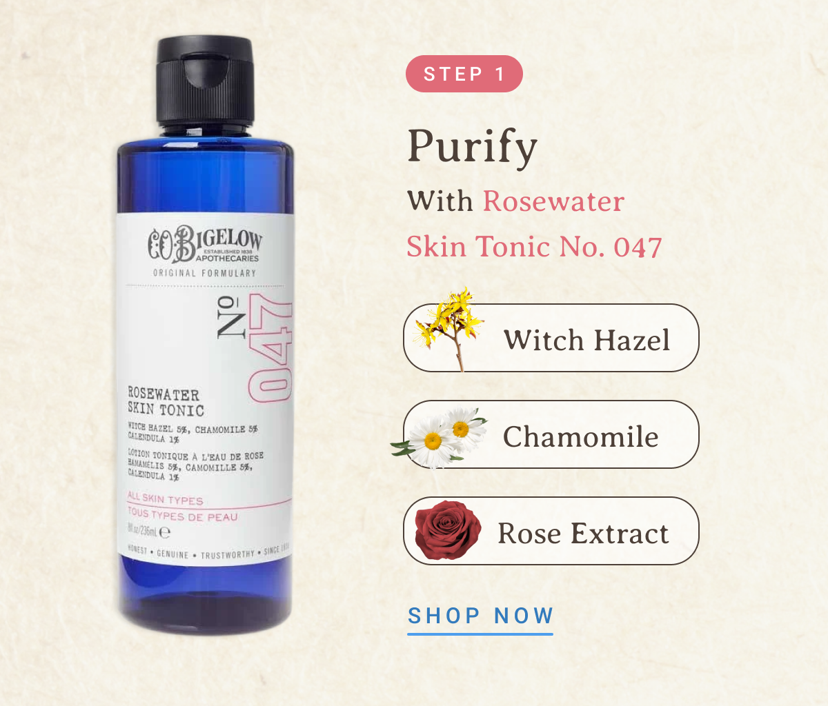 Step 1. Purify With Rosewater Skin Tonic No. 047 | -Witch Hazel -Chamomile -Rose Extract | SHOP NOW 