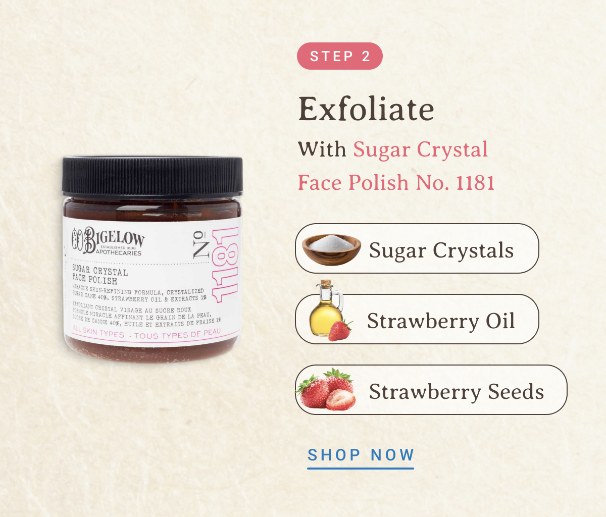 Step 2. Exfoliate With Sugar Crystal Face Polish No. 1181 | -Sugar Crystals -Strawberry Oil -Strawberry Seeds | SHOP NOW
