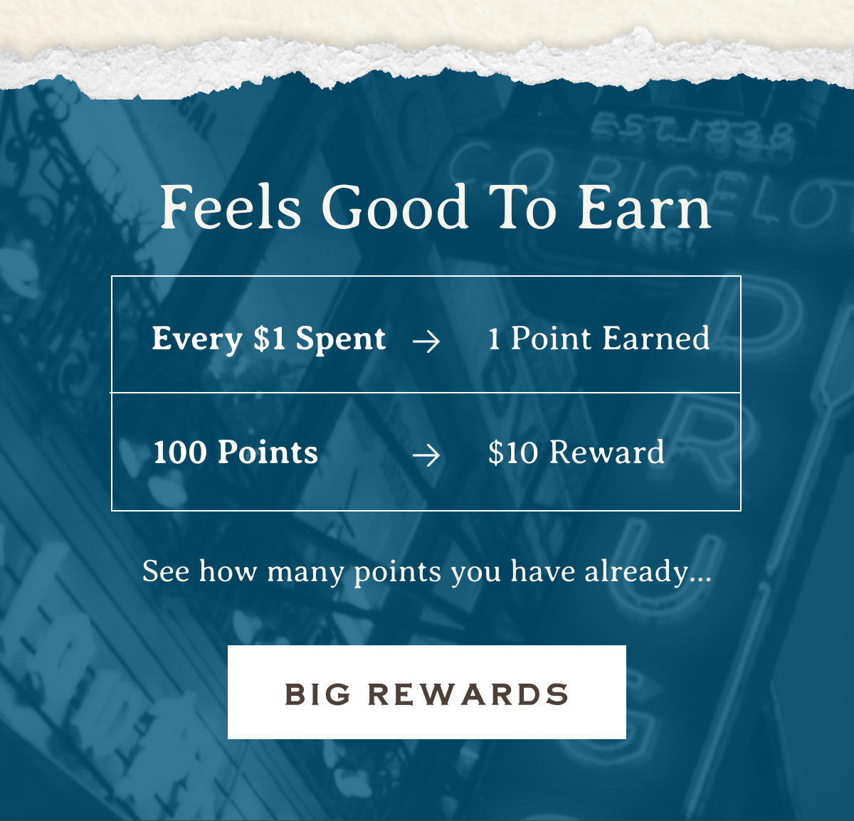 Feels Good To Earn | 1 Point Earned for Every $1 Spent | 100 Points = $10 | See how many points you have already… | BIG REWARDS