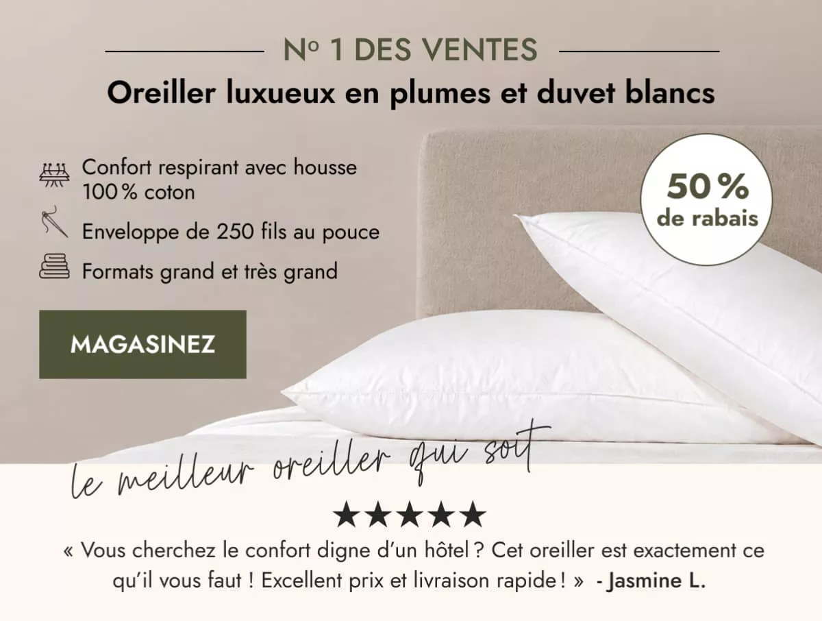 Oreiller luxueux en plumes et duvet blancs