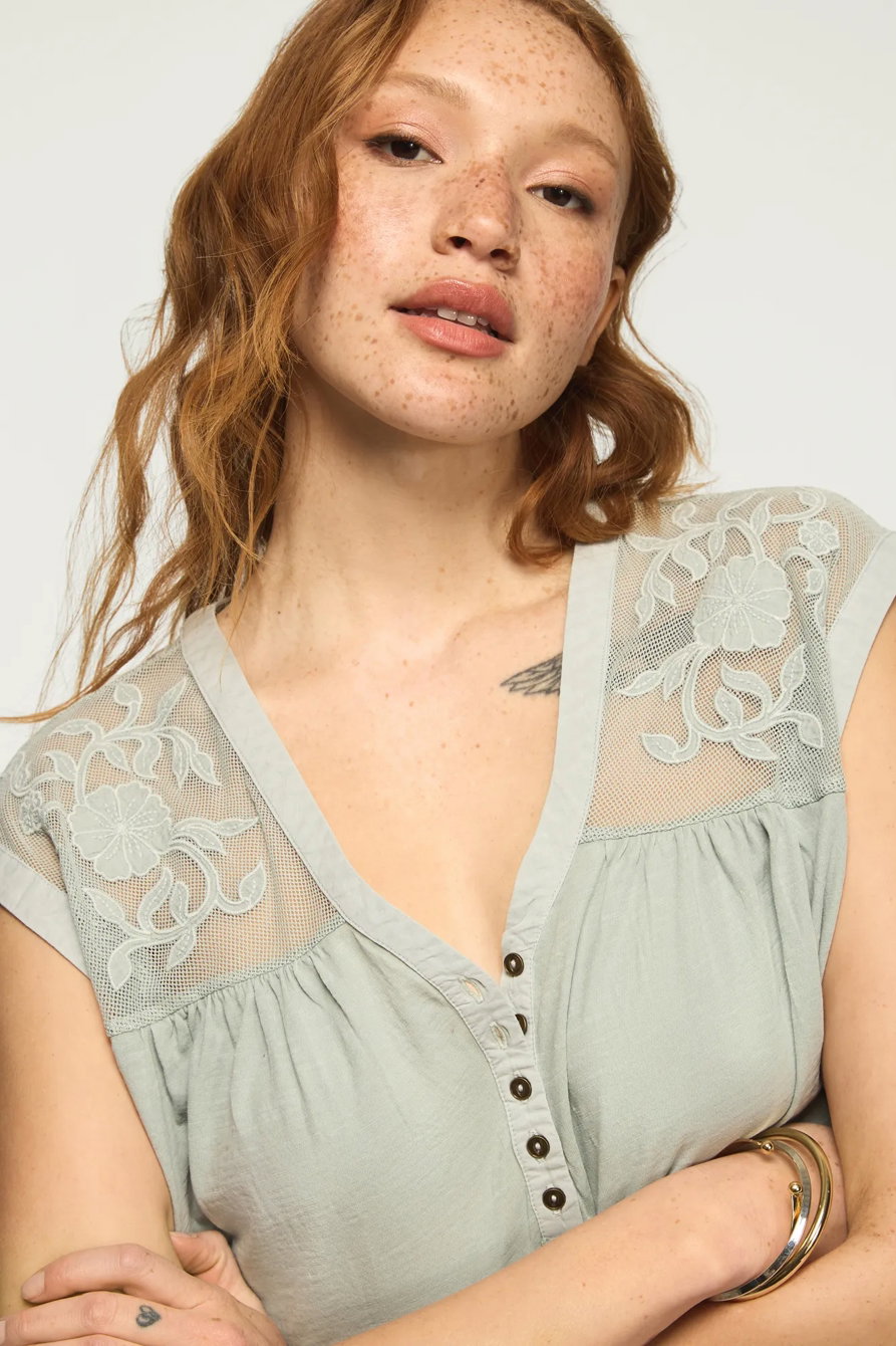 Image of Lucky Brand Mesh Embroidered Yoke Tee - Women's Clothing Tops Shirts Tee Graphic T Shirts in Whisper White