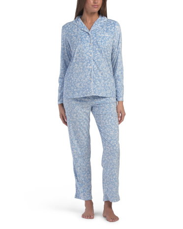 2Pc Floral Notch Collar Pajama Set For Women, Polyester