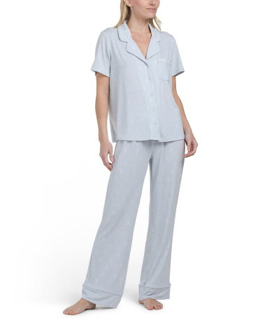 2Pc Modal Wine Time Short Sleeve Notch Collar Pajama Set For Women, Spandex/Modal/Polyester