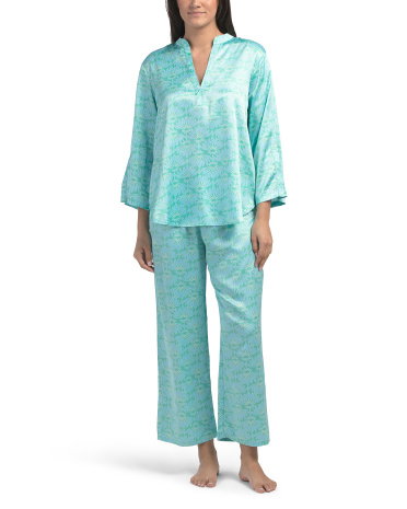 2Pc Flourish Printed Satin Mandarin Pajama Set For Women, Spandex/Polyester