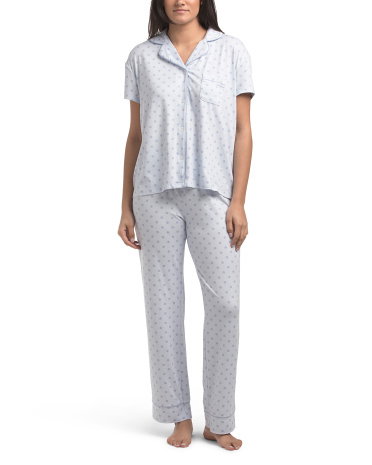 2Pc Polka Dot Short Sleeve Notch Collar Pajama Set For Women, Spandex/Polyester