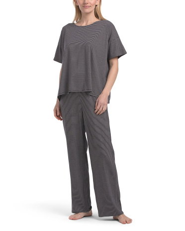 2Pc Mini Stripe Round Neck Ankle Pants Sleep Set For Women, Cotton