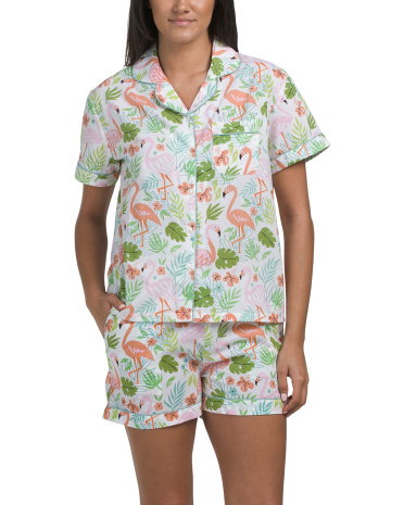 2Pc Amigo Flamingo Top And Shorts Pajama Set For Women, Cotton