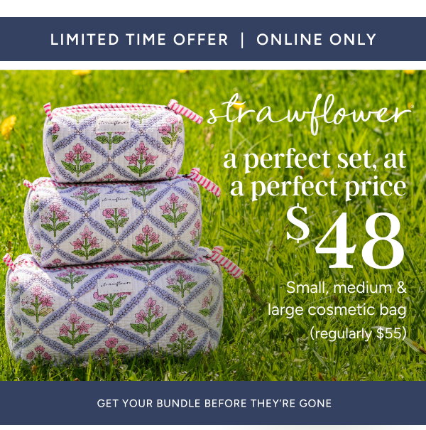 limited time offer | online only | strawflower | a perfect set, at a perfect price $48| small, medium and large cosmetic bag (reg. $55)