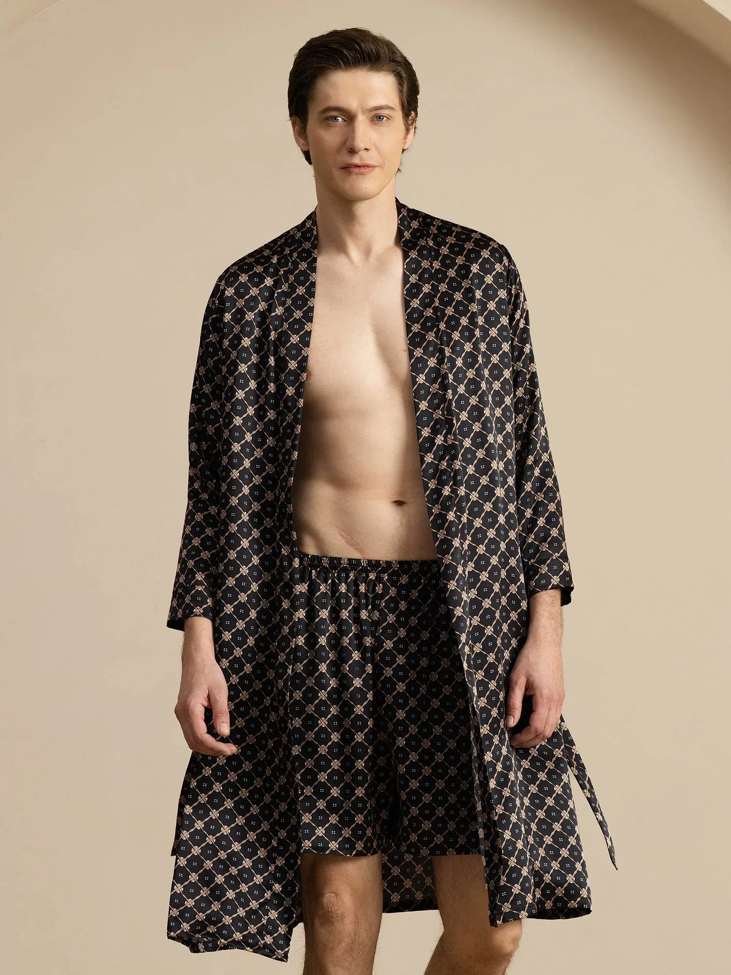 Pure Silk Men’s Knee Length Chain Printed Robe & Sleep Shorts Set