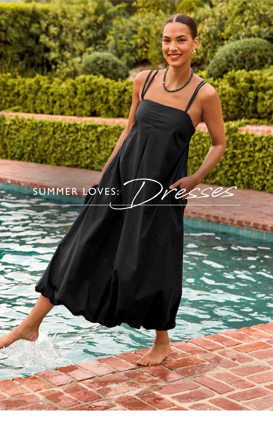 Summer loves Dresses. Fashion image of model in dress at pool.