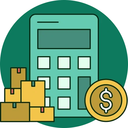 Icon of a calculator, moving boxes, and a coin with a dollar sign on it