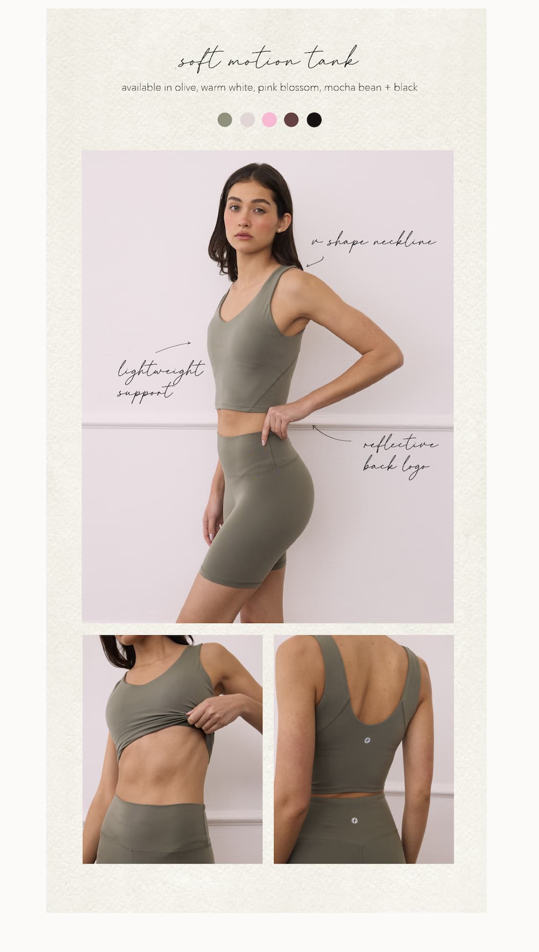 Soft Motion Tank, available in olive, warm white, pink blossom, mocha bean and black