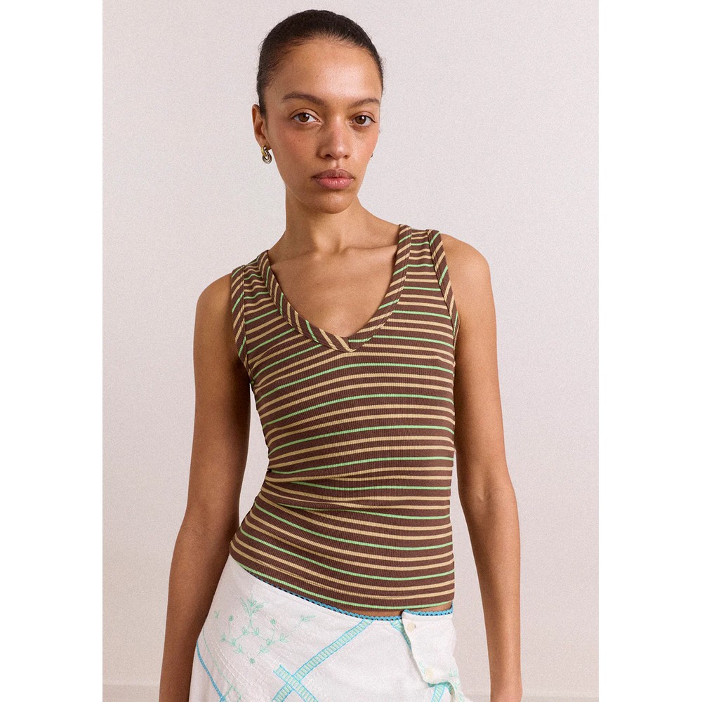 Image of Arlea V Neck Tank - Brown Stripe
