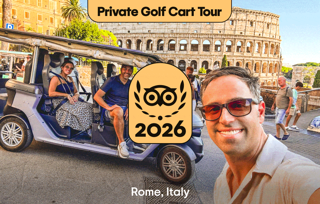 Image Description: A rotating gif of images including a person smiling in front of the colosseum with two people in a golf basket, a group of people snorkelling in the water, and a group of people posing for photo in front of Stonehenge. A gold 2026 Travellers’ Choice Best of the Best Badge is on each image.
