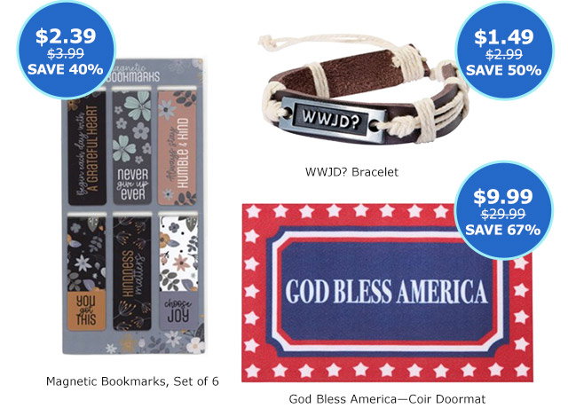Magnetic Bookmarks, Set of 6 | WWJD Bracelet | God Bless America Coir Doormat