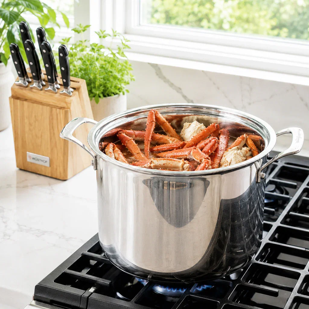 A stainless steel pot filled with crab legs simmers on a gas stovetop next to a wooden knife block with black-handled knives.