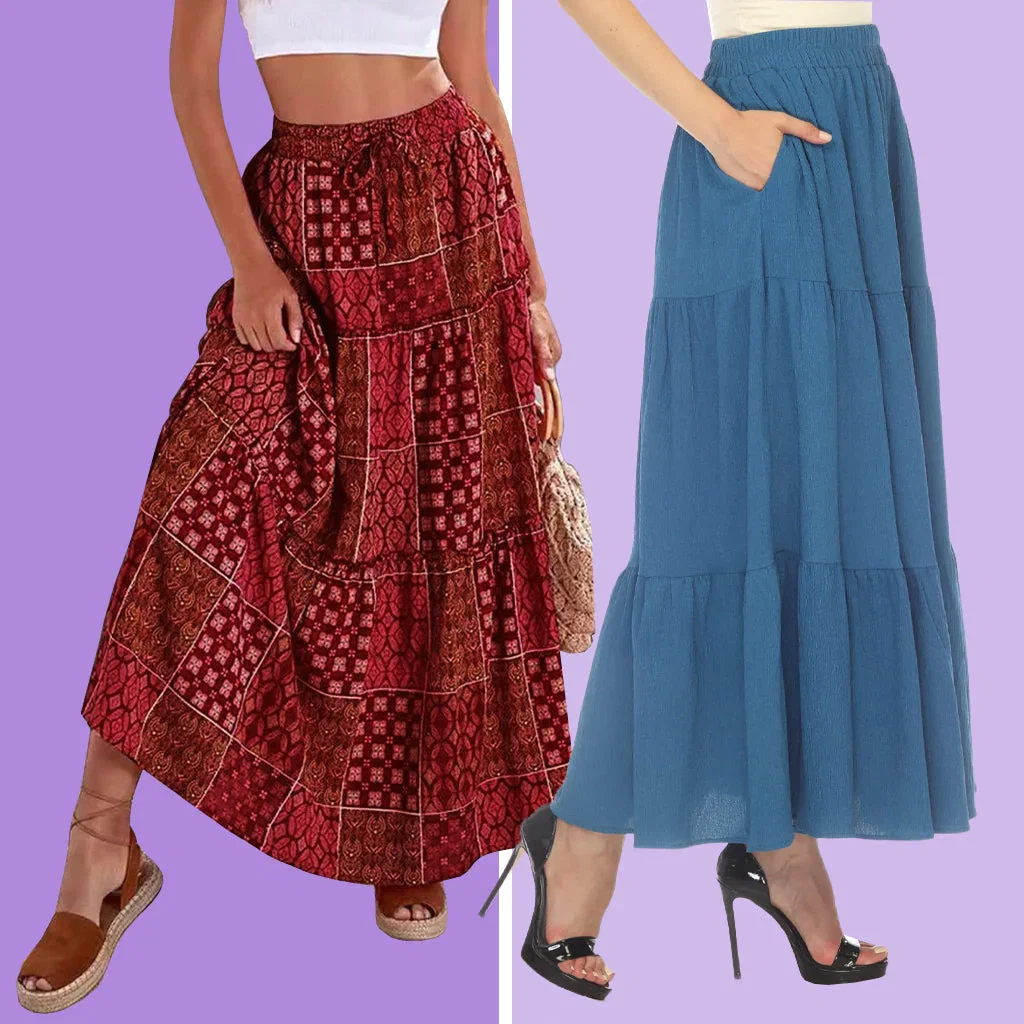 Two women modeling skirts against a purple background: a burgundy patterned midi skirt and a blue tiered maxi skirt.