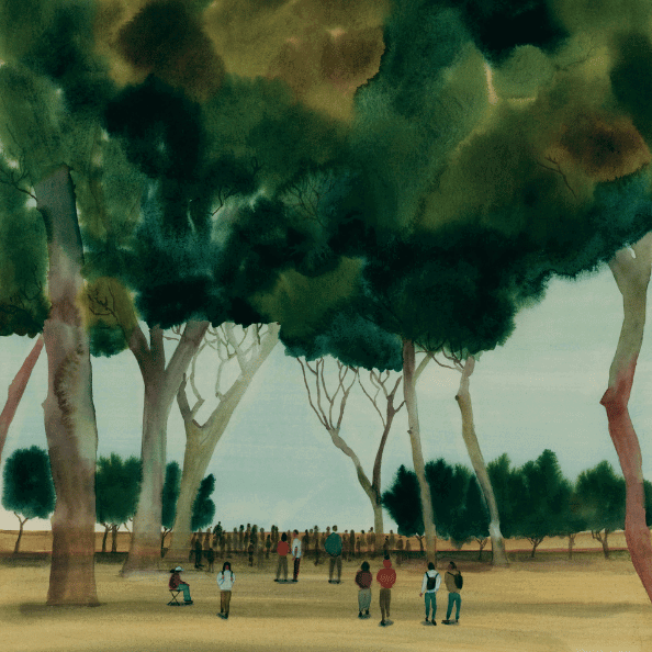 painting of people at a pool