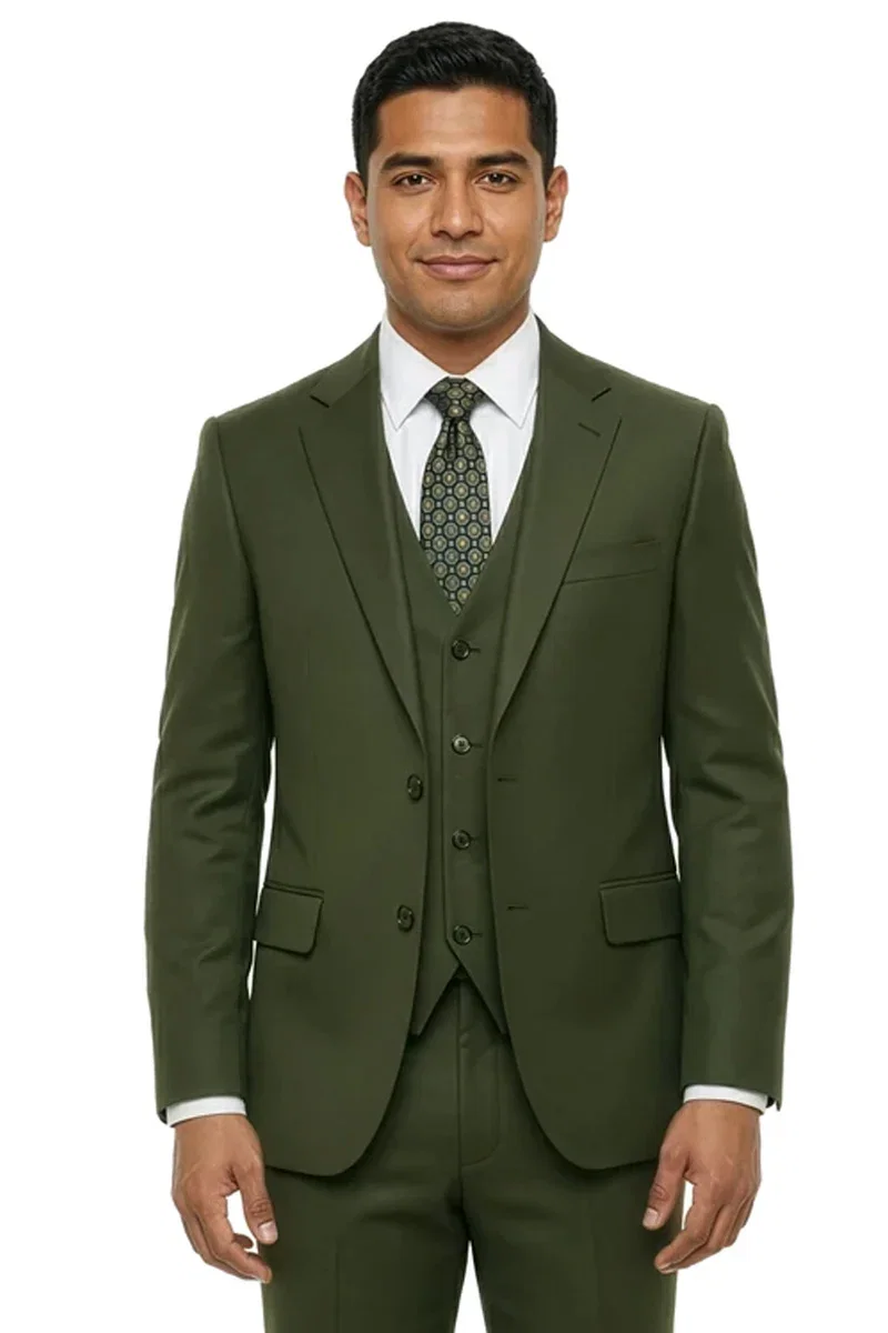 Men's Two Button Slim Fit Vested Solid Basic Color Suit in Olive Green
