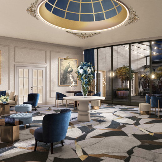 a room with a round table and chairs