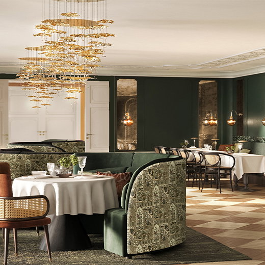 a restaurant with a round table and chairs