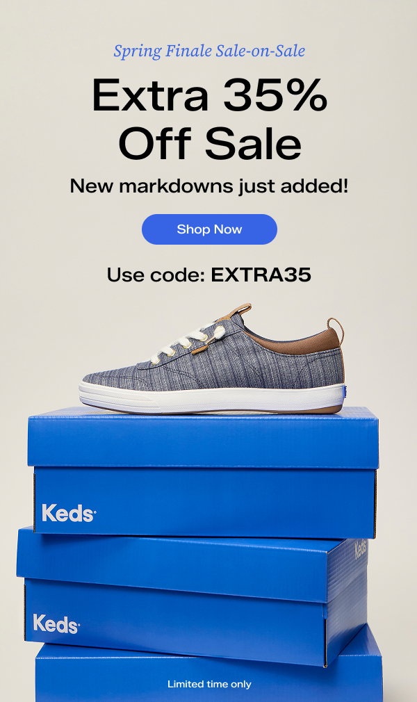 A stack of three bright blue Keds shoeboxes with the Center III Stripe Chambray Slip-On sitting on the top. Text above says Spring Finale Sale-on-Sale. Extra 35% Off Sale. New markdowns just added! Limited time only. Use code: EXTRA35. Shop Now.
