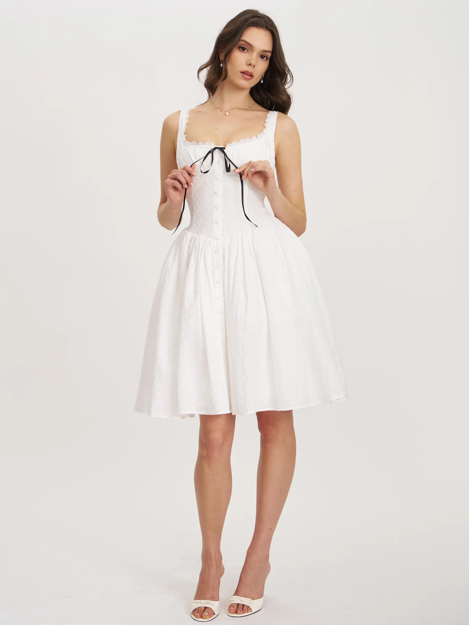 Madison White Cotton Eyelet Square Neck Midi Dress
