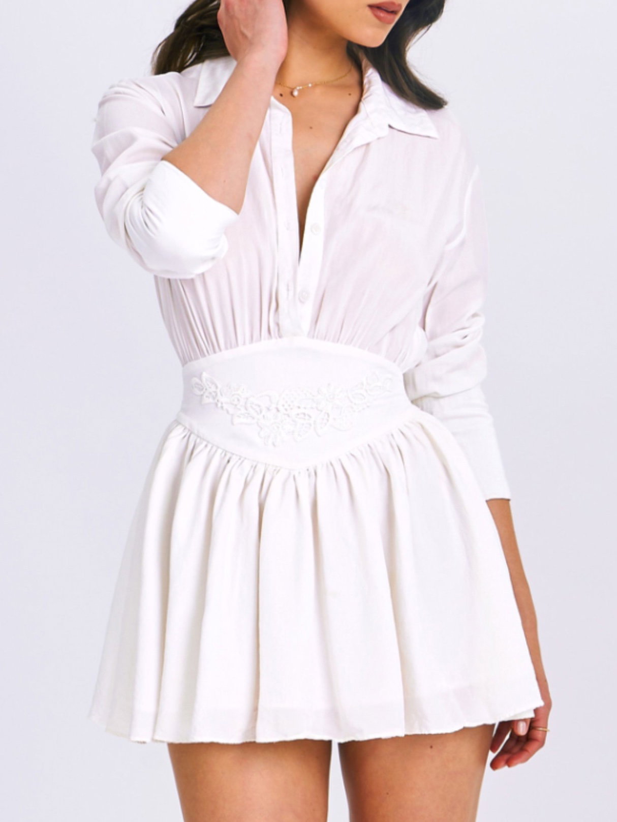 Jamila White Lyocell Embroidered Shirt Mini Dress