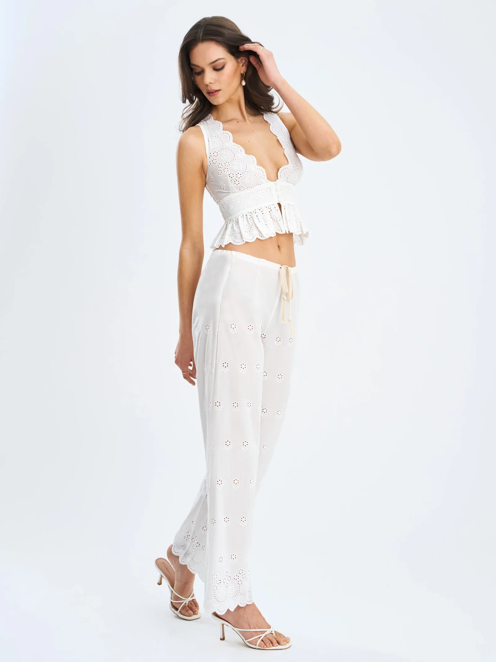 Raina White Cotton Eyelet Straight Pants