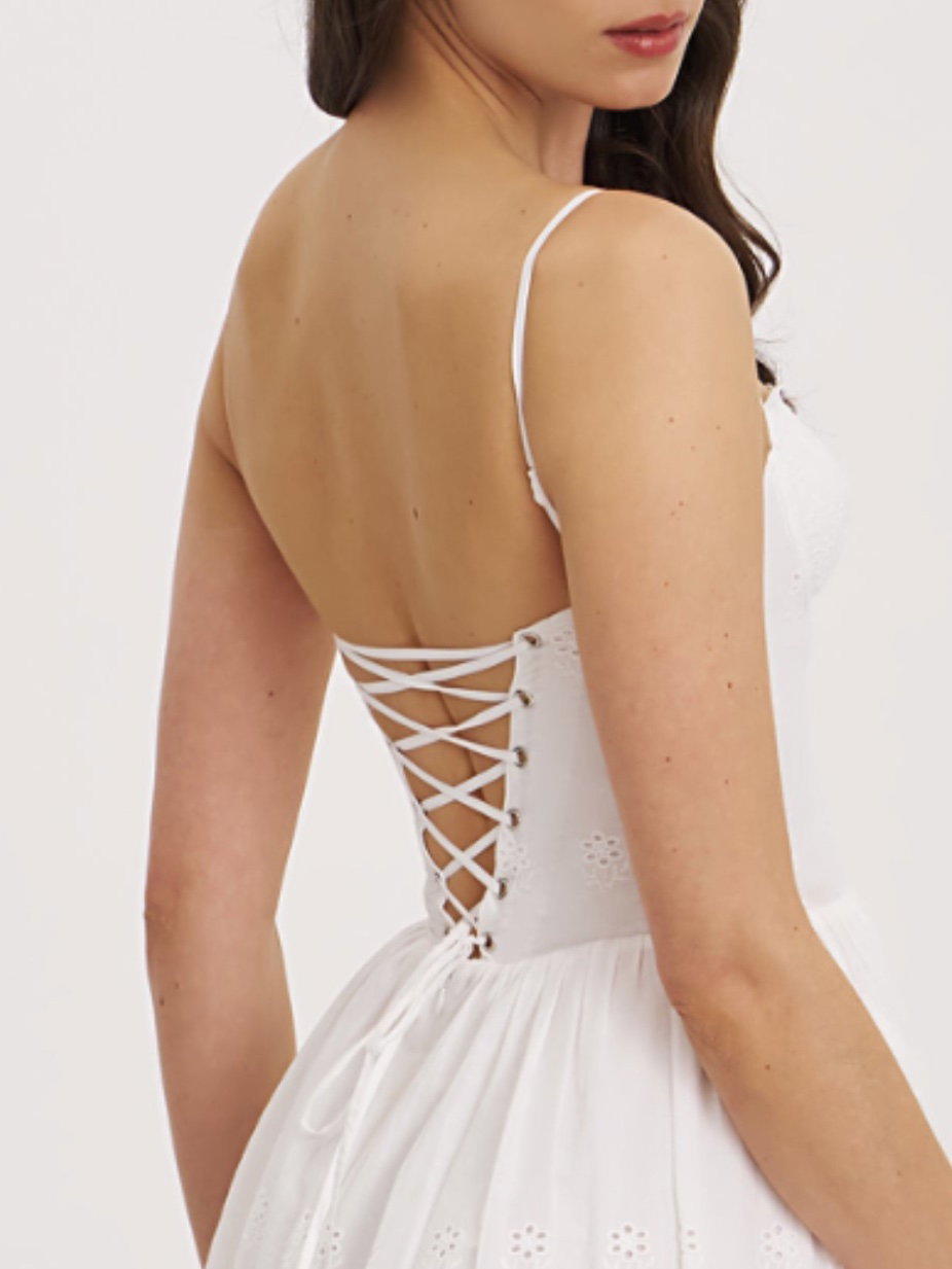 Oberon White Cotton Eyelet Lace-Up Back Maxi Dress