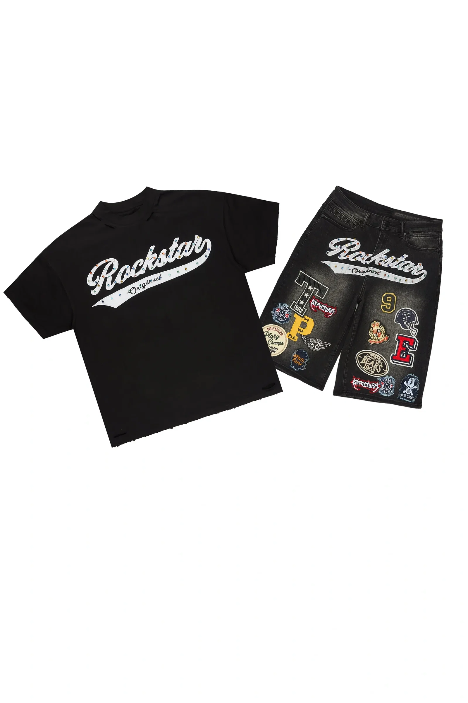 Image of Bautista Black Graphic T-Shirt Denim Short Set
