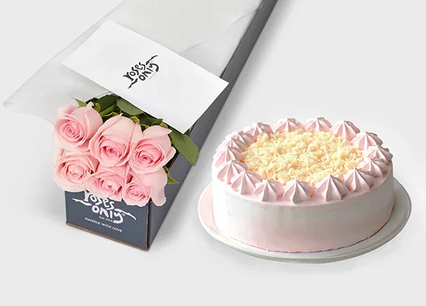 Image of Pink Rose Gift Box 6 & Melvados Strawberry Cake (ROA114-006)
