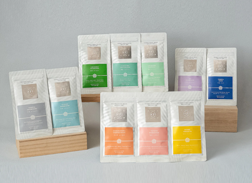 A colorful display of Cuzen’s Single Origin Matcha collection: ten selections from seven regions of Japan.