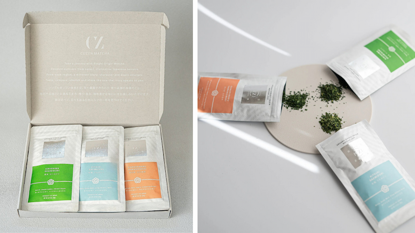 Single Origin Matcha Discovery Set of three lined up in their box. Single Origin Matcha Leaf spilling out from the packets of the Matcha Discovery Set of three onto a plate.