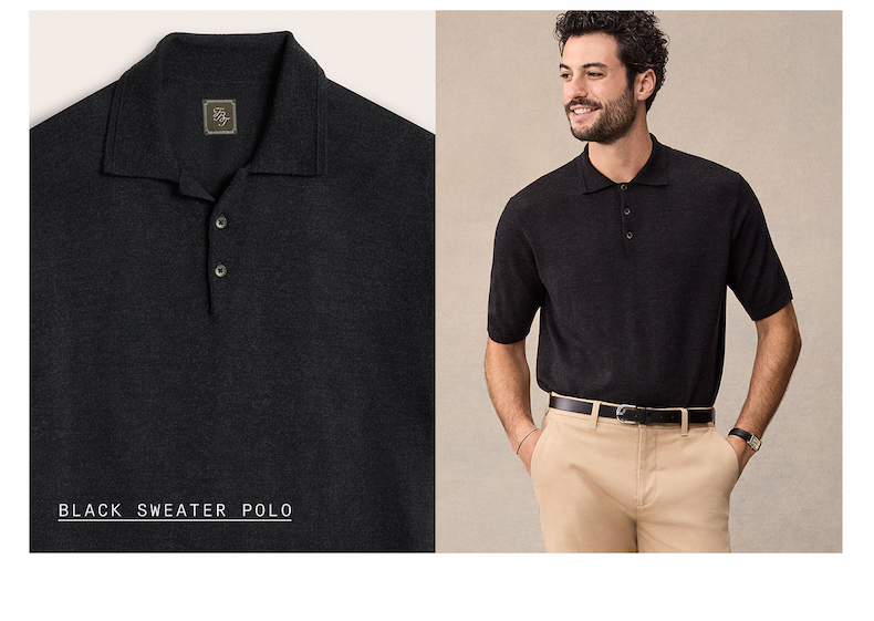Split layout showing a close-up of a black knit sweater polo collar and buttons alongside a man wearing the same polo with khaki trousers and a black belt. BLACK SWEATER POLO