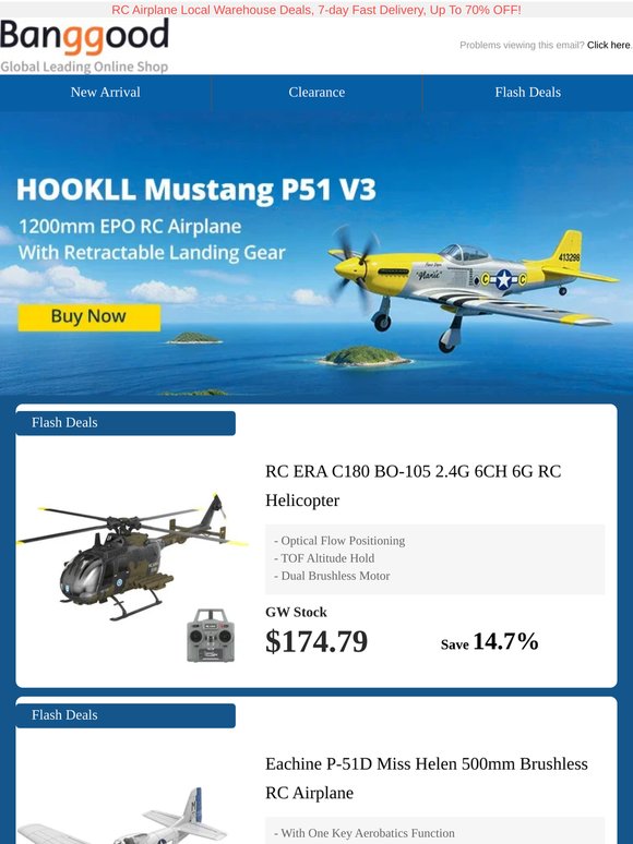 [RC New Arrival] HOOKLL Mustang P51 V3 RC Airplane From $109.99, RC ERA C180 BO-105 RC Helicopter Only $174.79, Grab Now>>