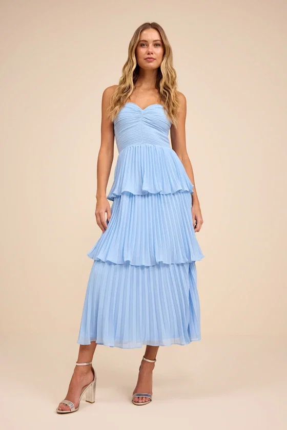 Image of Seriously Sensational Light Blue Strapless Tiered Midi Dress